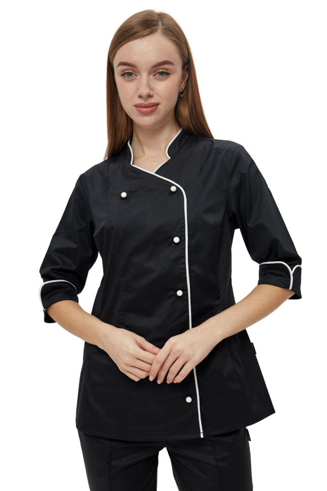 Women's chef's jacket black "Opera" with white piping