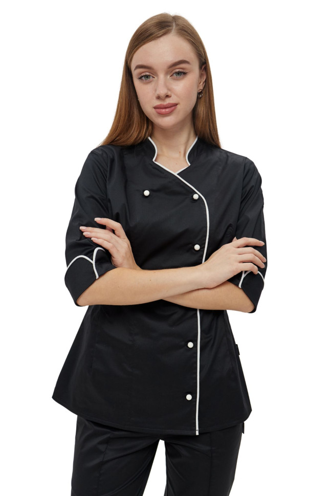 Women's chef's jacket black "Opera" with white piping