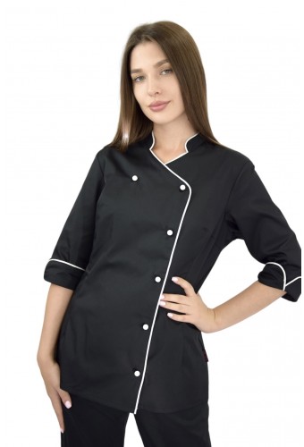 Китель женский поварской черный &quot;Опера&quot; с белым кантом