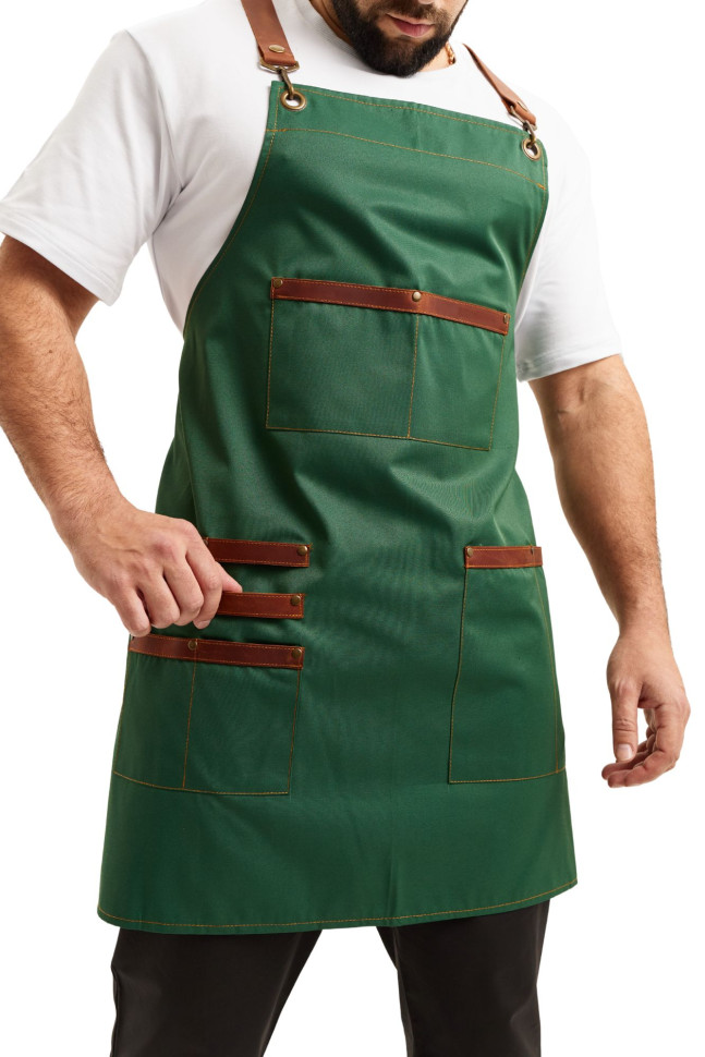 Green water-repellent apron with bib for chefs/waiters, "Leather" 