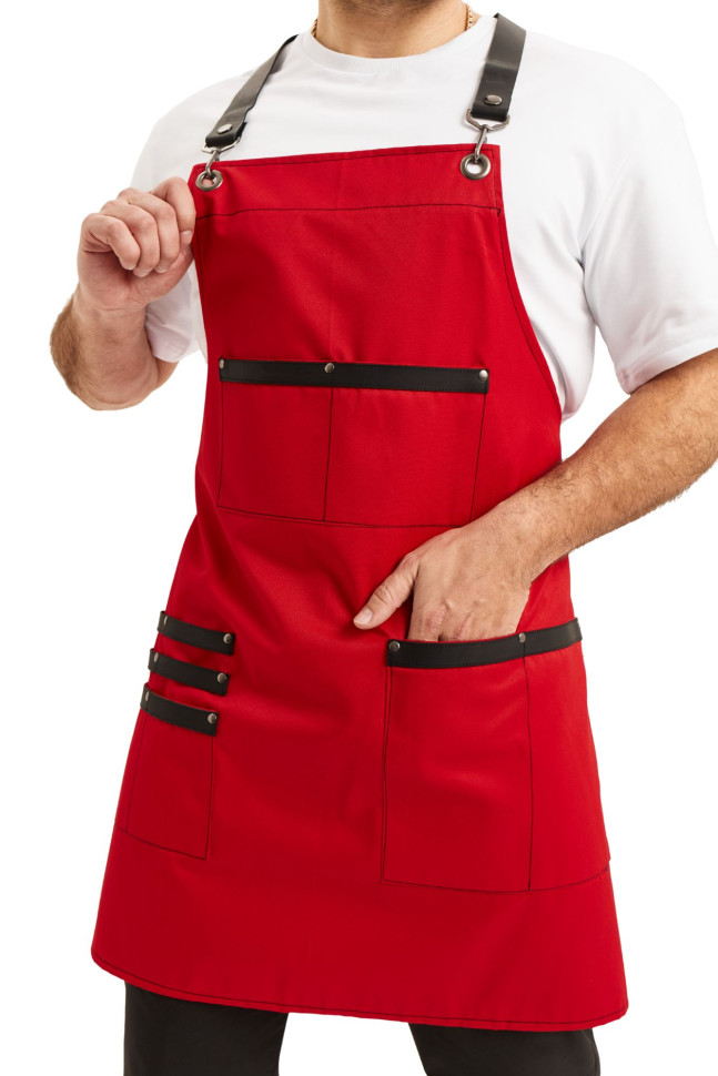 Фартух водовідштовхувальний з нагрудником кухарський/офіціантський червоний "Шкіра"