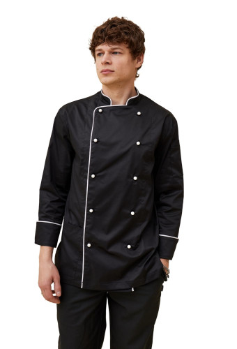 Поварской унисекс китель «Вермонт» черный с белым кантом 