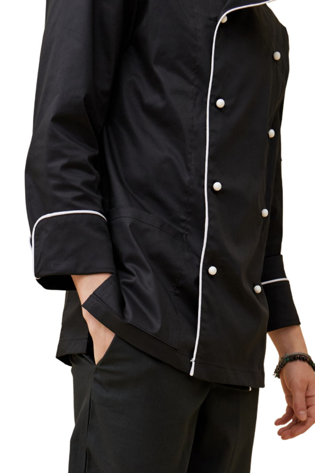 Поварской унисекс китель «Вермонт» черный с белым кантом 