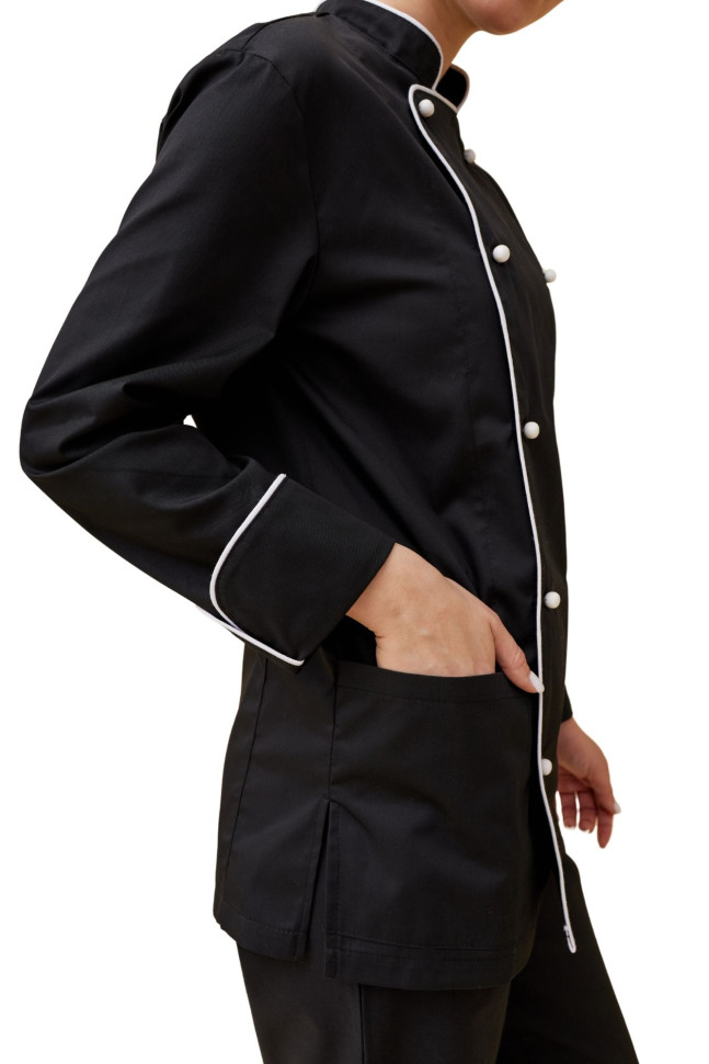 Поварской унисекс китель «Вермонт» черный с белым кантом  