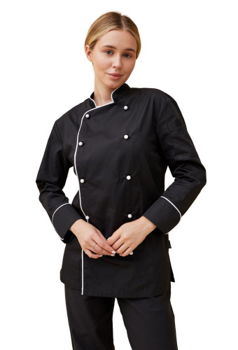 Поварской унисекс китель «Вермонт» черный с белым кантом  