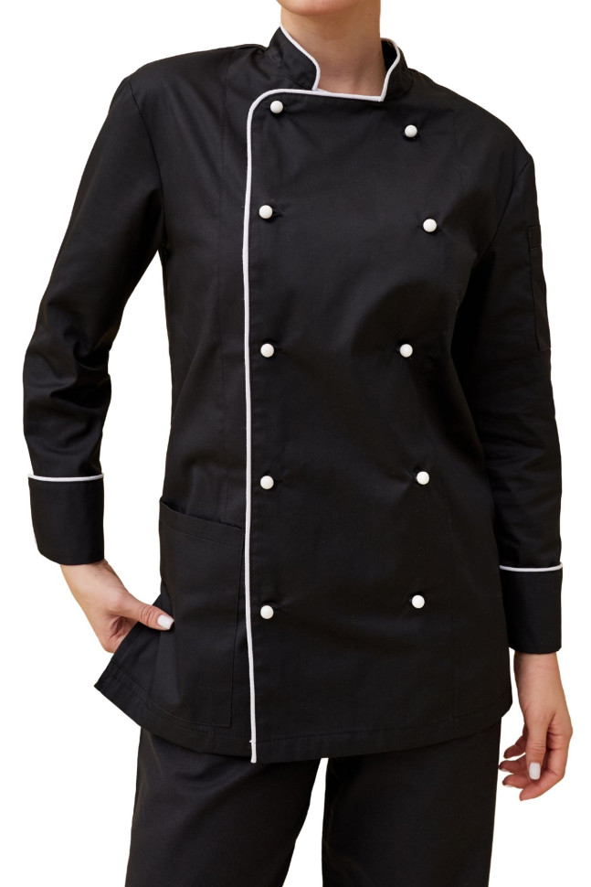 Поварской унисекс китель «Вермонт» черный с белым кантом  