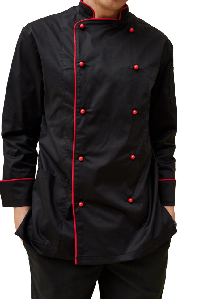 Поварской унисекс китель «Вермонт» черный с красным кантом 