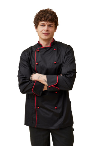 Поварской унисекс китель «Вермонт» черный с красным кантом 