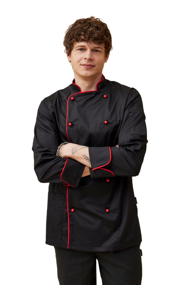 Поварской унисекс китель «Вермонт» черный с красным кантом 