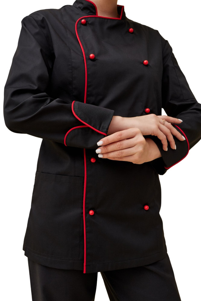 Поварской унисекс китель «Вермонт» черный с красным кантом  