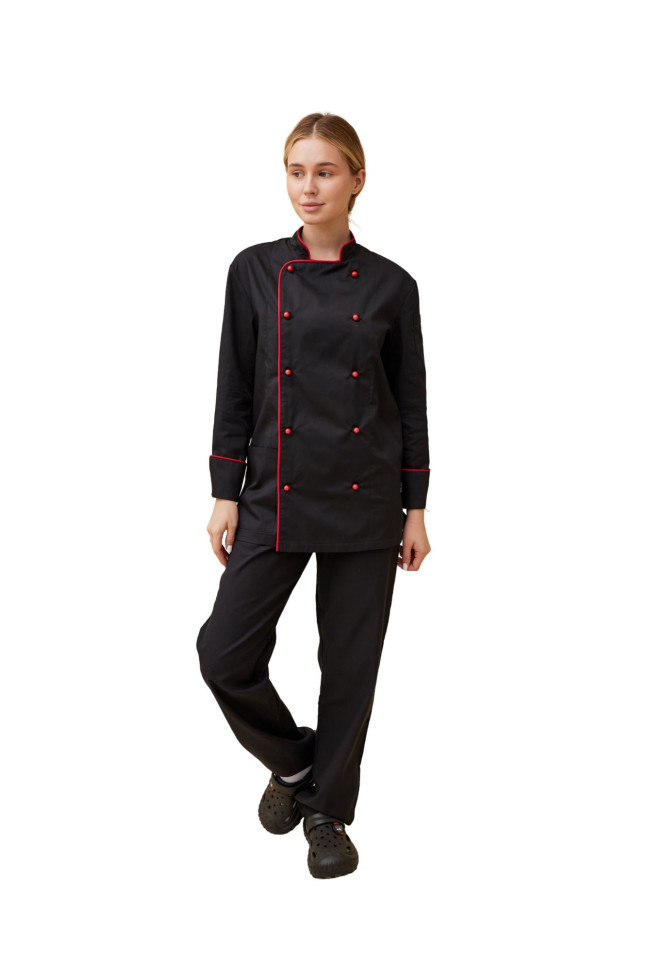 Поварской унисекс китель «Вермонт» черный с красным кантом  