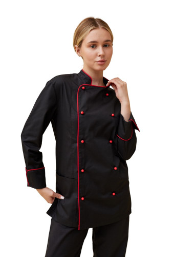 Поварской унисекс китель «Вермонт» черный с красным кантом  