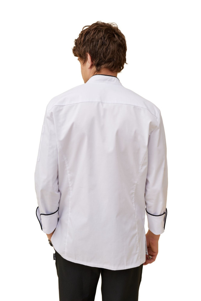 Поварской унисекс китель «Вермонт» белый с черным кантом 