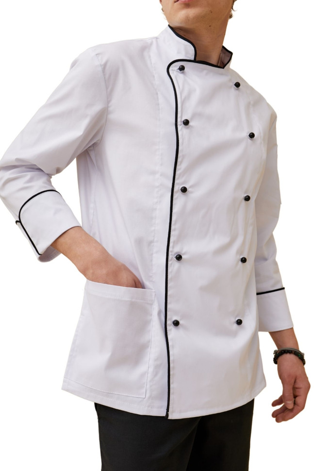 Поварской унисекс китель «Вермонт» белый с черным кантом 