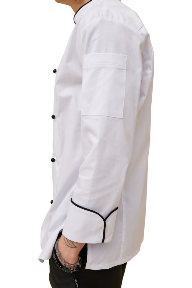 Поварской унисекс китель «Вермонт» белый с черным кантом 