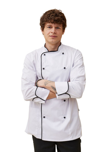 Поварской унисекс китель «Вермонт» белый с черным кантом 