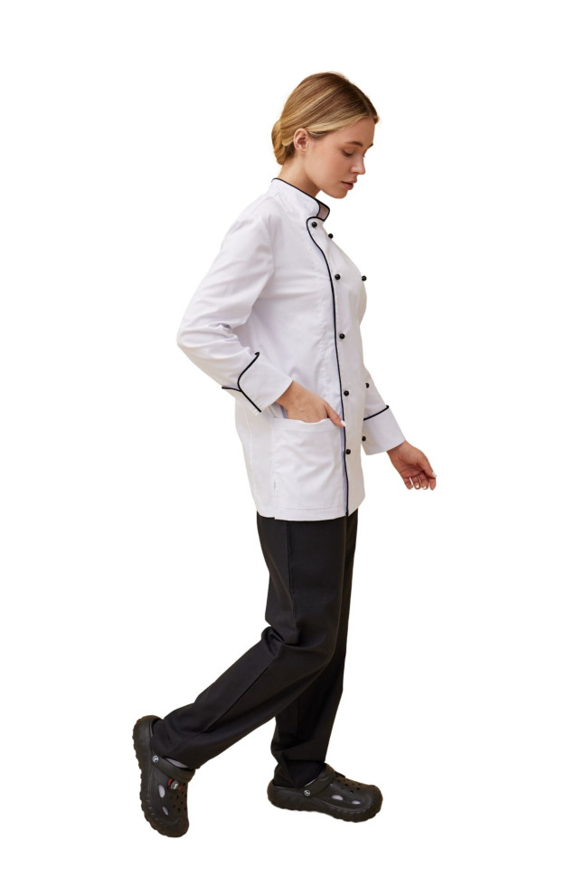 Поварской унисекс китель «Вермонт» белый с черным кантом  