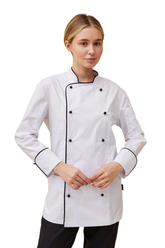 Поварской унисекс китель «Вермонт» белый с черным кантом  